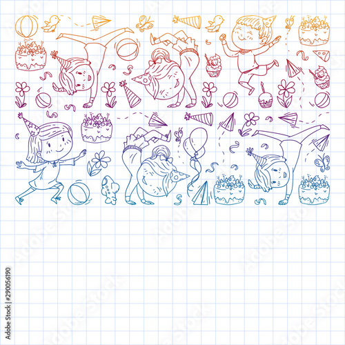 Vector pattern with kindergarten, toy children. Happy children illustration. Gradient drawing on a notebook in a Squared notebook.