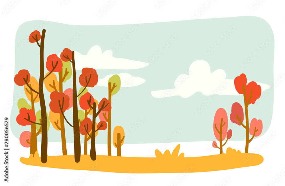Illustrator vector format linear flat - Autumn background - illustration Landscape with trees, plants and copy space for text.