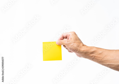 Foto Man hand holding yellow post it on white background