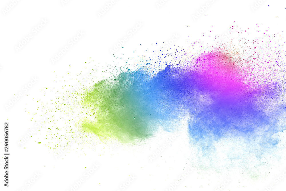 Freeze motion of colorful color powder exploding on white background.  Paint Holi.