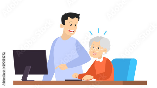 Man help old woman working on computer. Idea of modern