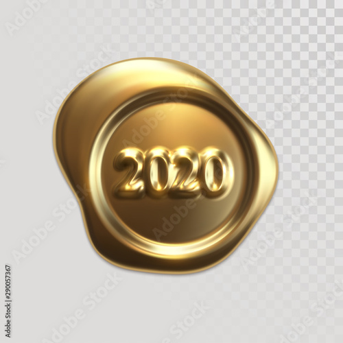 Happy New 2020 Year. Holiday vector illustration of golden wax seal with numbers 2020. Realistic 3d sign isolated on transparent background. Festive poster or banner element design