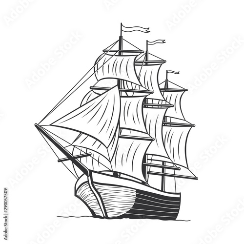 Sea Ship, Sail Boat in the Sea. Vintage Wind Ship Transportation and Travel
