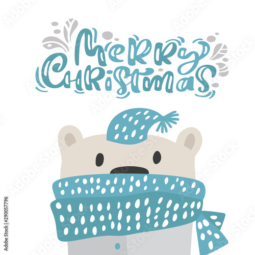 Hand drawn vector of cute funny winter bear in scarf and hat. Merry Christmas calligraphy lettering text. Xmas illustration of scandinavian greeting card. Isolated objects