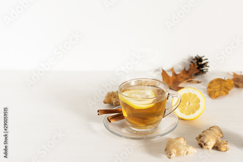 A cup of hot tea with ginger, lemon and cinnamon on white background.