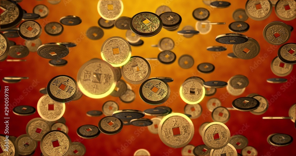 Chinese new year background, Golden coins 3d texture. 3D rendering