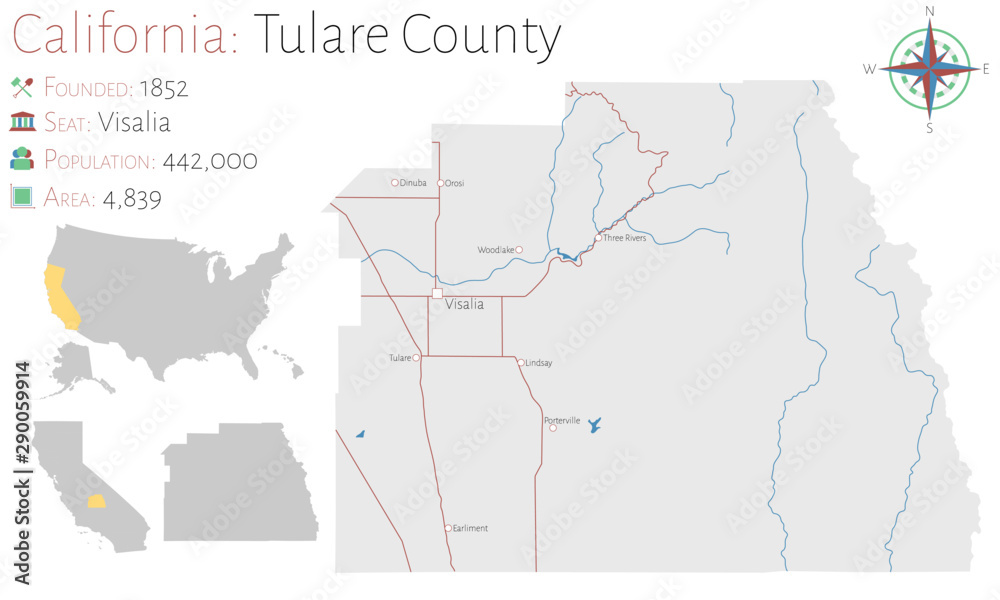 Large and detailed map of Tulare county in California, USA