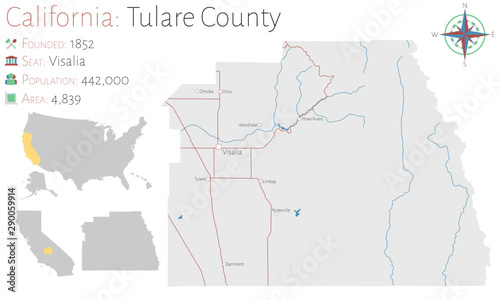 Large and detailed map of Tulare county in California, USA photo