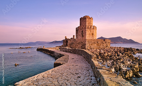 Impressive three-tiered watchtower, Venetian fort castle of Methoni, Greece at sunset time.