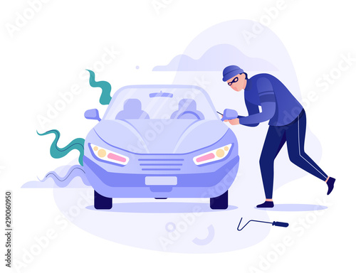 Thief steal car. Vandalism and burglary. Auto in danger.