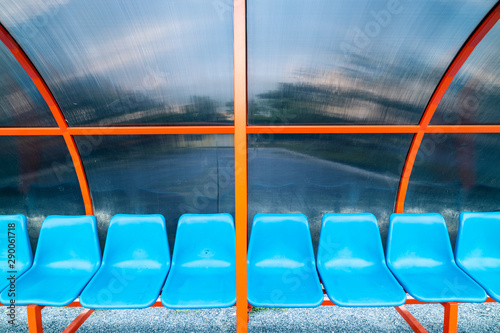 Fotografia Close up blue seats for substitute football player and staff coach