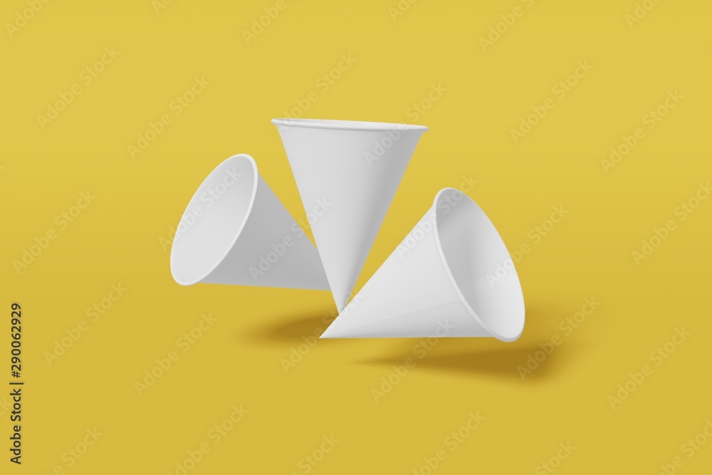 Set of three white paper mockup cups cone shaped fly on a yellow background. 3D rendering Set of three white paper mockup cups cone shaped fly on a yellow background. 3D rendering
