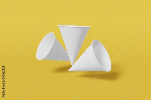 Set of three white paper mockup cups cone shaped fly on a yellow background. 3D rendering