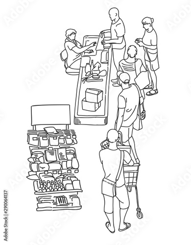 people waiting in queue to cashier in retail store or supermarket. Women and men in line at the cash register