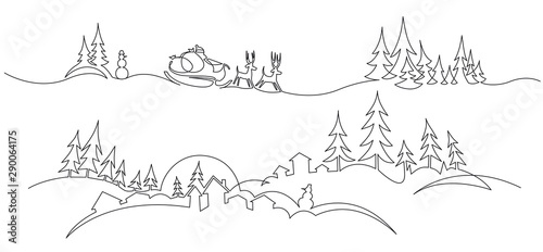 Christmas landscape continuous one line vector drawing. Santa in sleigh with deers, trees, snowdrifts, snowman