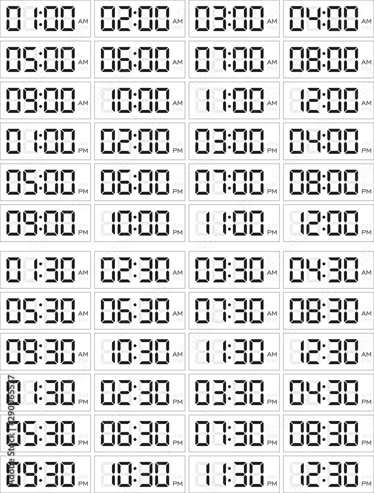 Set of digital clocks for business hours isolated on white. 12 hours version (AM/PM). Hours and half past hours. Set of digital clocks for business hours isolated on white. 12 hours version (AM/PM). Hours and half past hours.