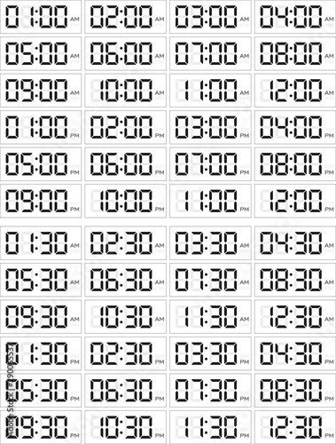 Set of digital clocks for business hours isolated on white. 12 hours version (AM/PM). Hours and half past hours.