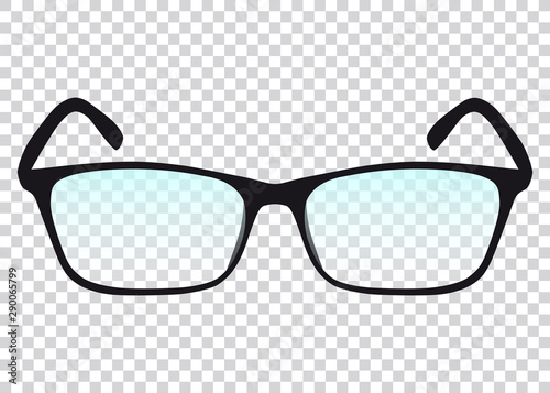 Glasses in black plastic frames with transparent lenses for vision correction.