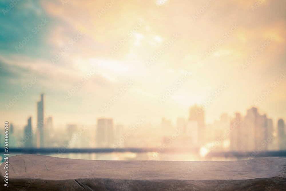 Wooden table with blurred city background. Bangkok, Thailand, Asia