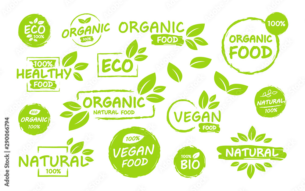 Set of Vegan, eco, bio, organic, fresh, healthy, 100 percent, nateral food. Natural product. Collection of emblem cafe, badges, tags, packaging. Vector illustration.
