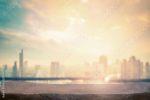 Wooden table with blurred city background. Bangkok  Thailand  Asia