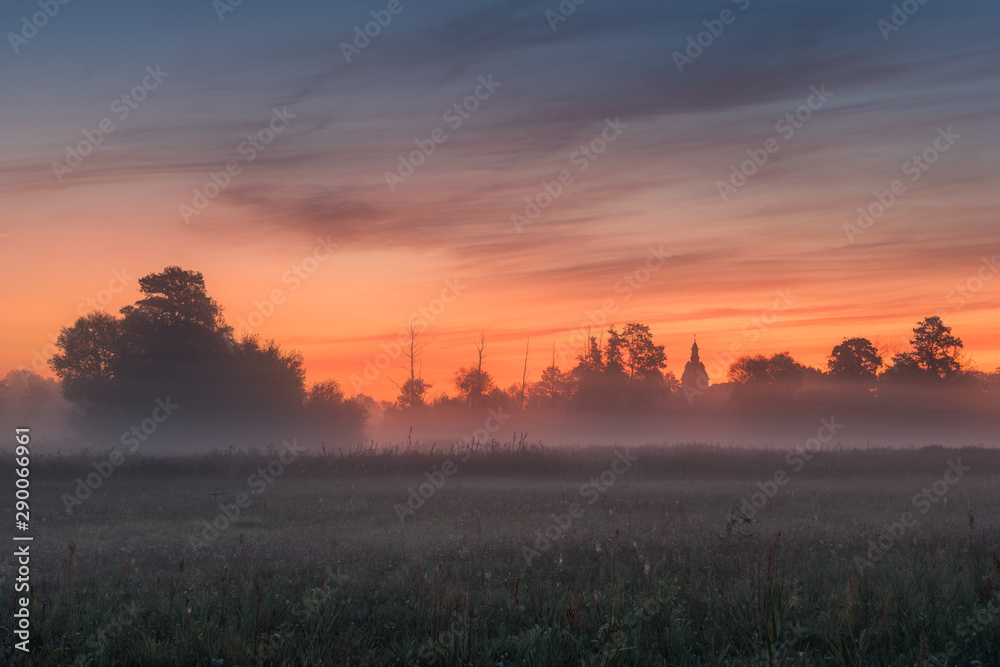 Foggy morning on a meadow near Piaseczno