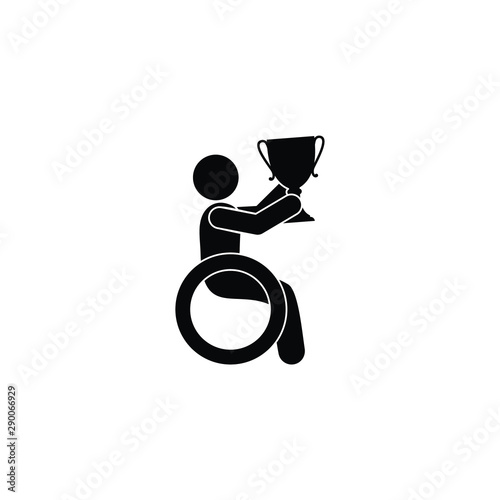 man in a wheelchair holds a cup in his hands, isolated disabled person icon with a prize, stick figure pictogram people