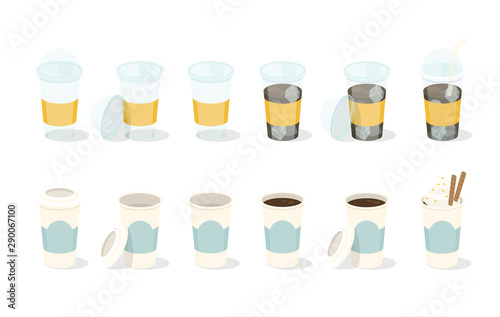 Set of coffee in paper and plastic cup. Can be used like a animation. Vector illustration.