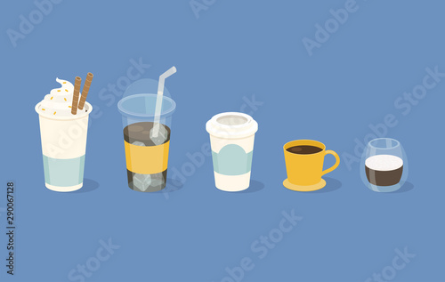 Different types of coffee in  paper and glass cup. Vector illustration.