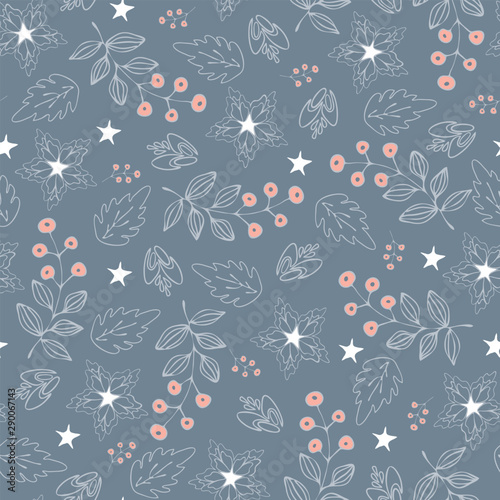 Seamless vector winter floral pattern with stars. Light blue background.