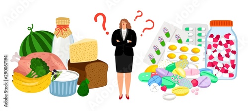 Weight loss concept. Woman chooses between diet and pills. Healthy food or drugs, vector illustartion