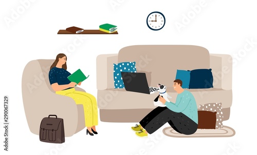 Evening time. Family evening, hygge vector illustration. Young couple with dog and books in living room