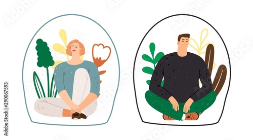 Personal space concept. Man woman introverts. Meditation, calm flat female and male characters, vector illustration
