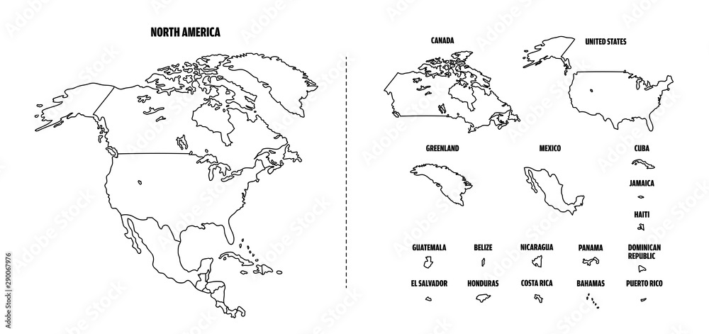 North America outline map with each country isolated. Stock Vector