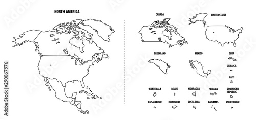 North America outline map with each country isolated. 
