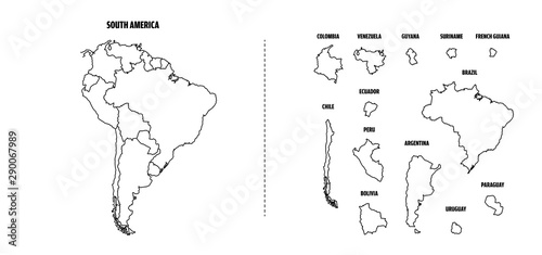 South America outline map with each country isolated. 