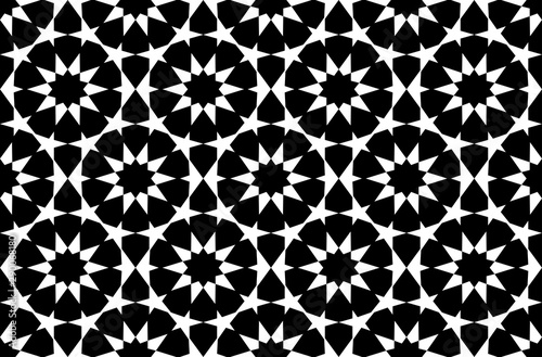 Black and whiet Islamic motif tile pattern. Decorative geometric backgriund design.