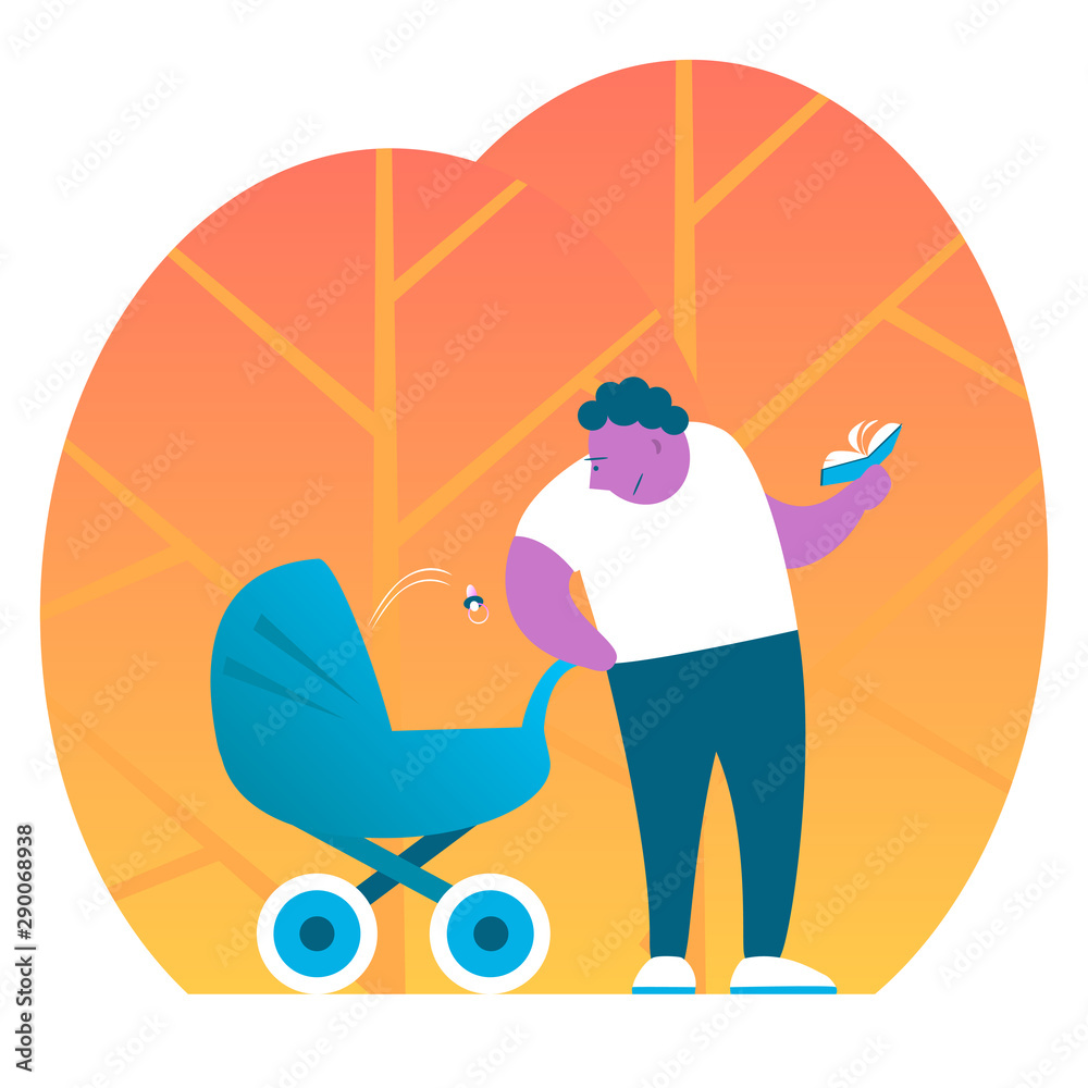 Good father with a pram on a background of autumn trees. The kid spat out a pacifier and dad distracted from reading a book. Vector cartoon funny illustration.