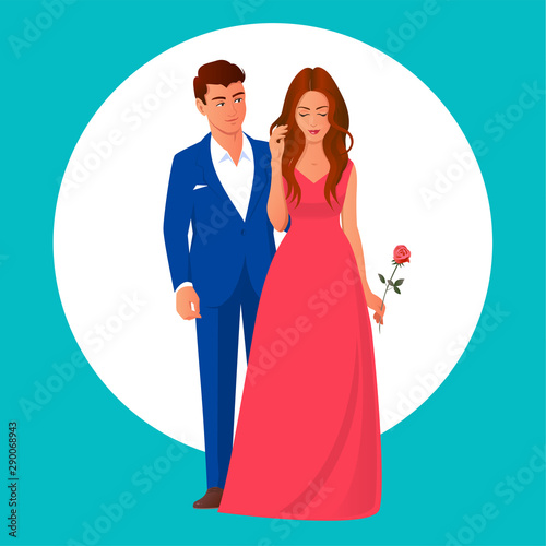 Beautiful and elegant couple in love. A girl in a red evening dress holding a rose flower. A man in a blue suit stands nearby. Vector romantic illustration.