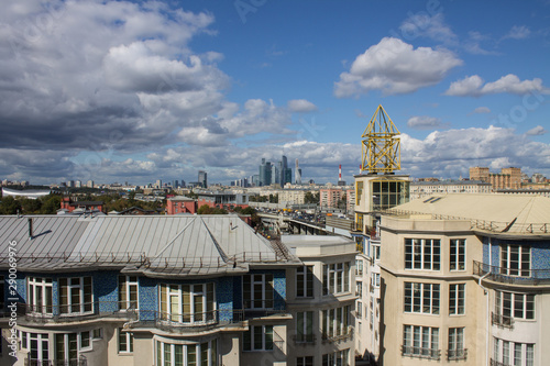Photography panoramic view on top of the roof of the building in the foreground and sights i