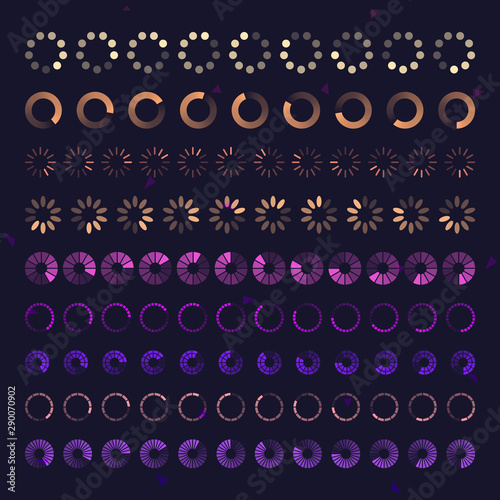 Futuristic Progress loading bar icons. Set of indicators. Download process, web ui design interface upload. Vector illustration.