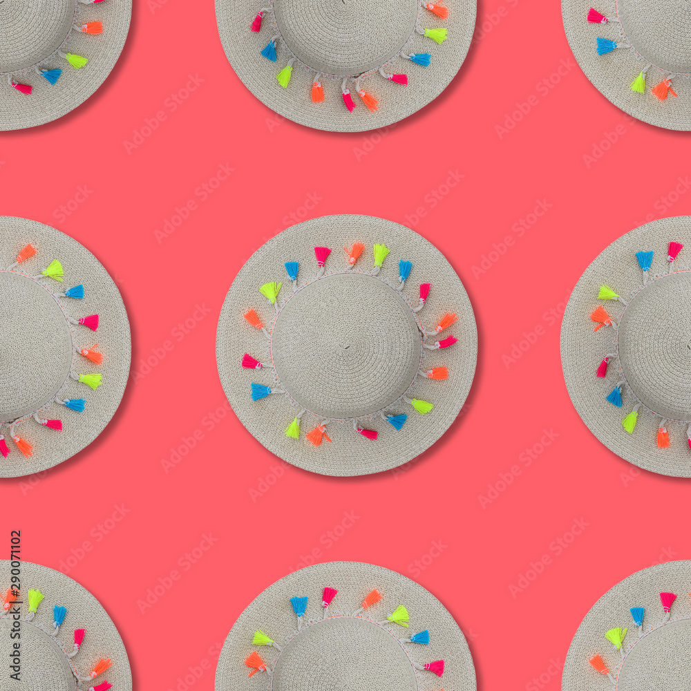 Straw hat with ribbon and multi colored pompons. Seamless pattern. Straw hat with ribbon and multi colored pompons. Seamless pattern.