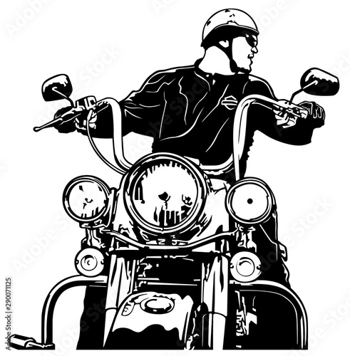 Motorcyclist Front View - Black and White Outline Illustration with Rider on Motorcycle, Vector