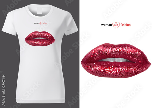Design of Women White T-shirt with Glitter Red Lips - Colored Fashion Illustration, Vector