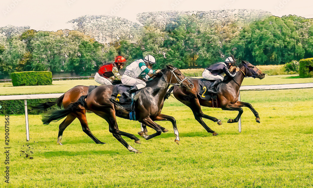 Horse race riding sport jockeys competition horses running watercolor painting illustration Horse race riding sport jockeys competition horses running watercolor painting illustration