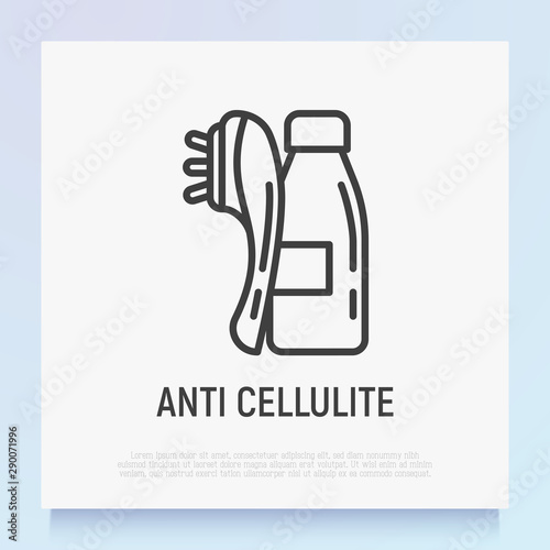 Anti cellulite treatments thin line icon: body massager and body oil in glass bottle. Modern vector illustration for beauty shop.