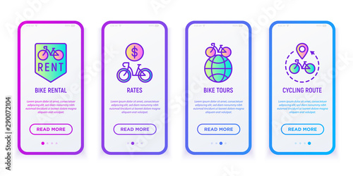 Bike rental mobile user interface. Bicycle rent signboard, rates, tours, cycling route thin line icon. Modern vector illustration.