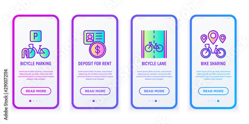 Bike rental user mobile interface. Bicycle parking, deposit for rent, lane, bike sharing thin line icon. Modern vector illustration.