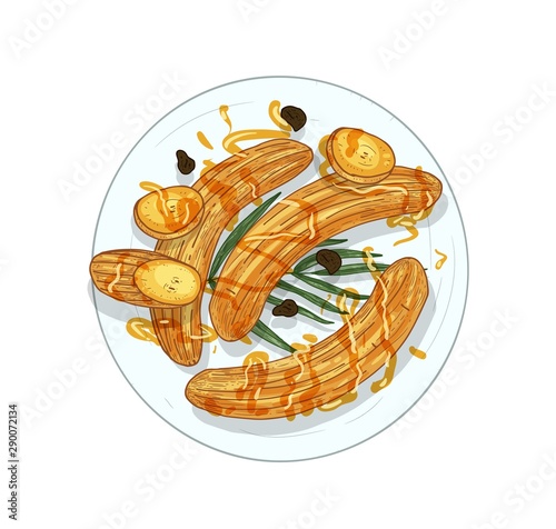 Fried bananas hand drawn vector illustration. Traditional Malaysian homemade dessert isolated on white background. Thai restaurant menu dish, Kluay Tod whole and sliced with green palm leaf decor.