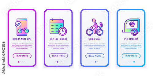 Bike rental mobile user interface. Bicycle mobile app, rental period, child seat, pet trailer thin line icon. Modern vector illustration.